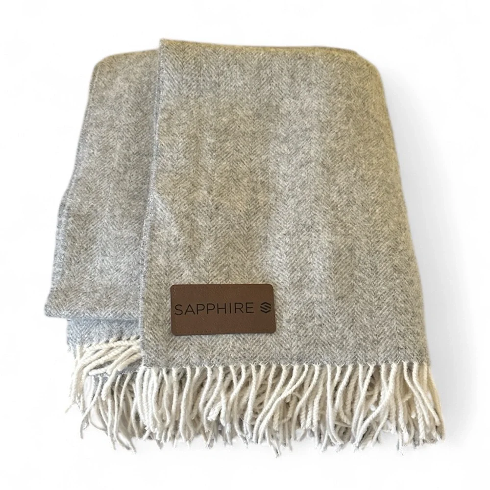 Terry Town Australian Fine Wool Blend Gray Herringbone Throw Blanket with Fringe